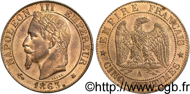Cinq centimes Napoléon III, tête laurée 1863 Paris F.117/10 MS63 