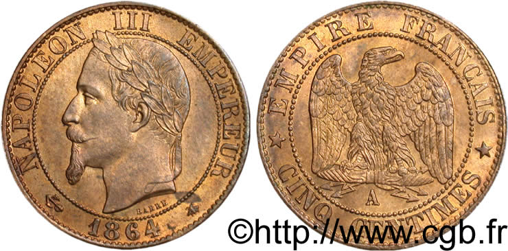 Cinq centimes Napoléon III, tête laurée 1864 Paris F.117/13 fST63 