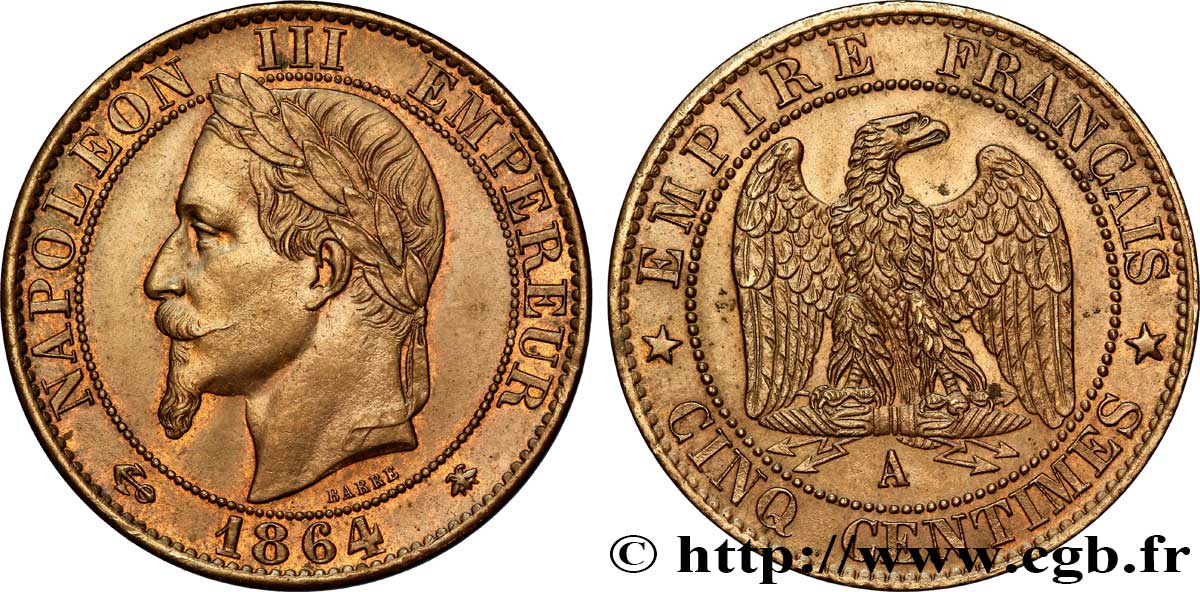 Cinq centimes Napoléon III, tête laurée 1864 Paris F.117/13 EBC58 