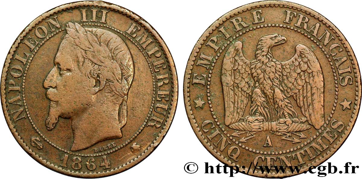 Cinq centimes Napoléon III, tête laurée 1864 Paris F.117/13 VF20 