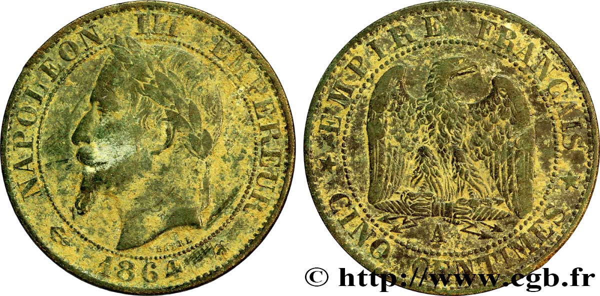 Cinq centimes Napoléon III, tête laurée 1864 Paris F.117/13 B12 