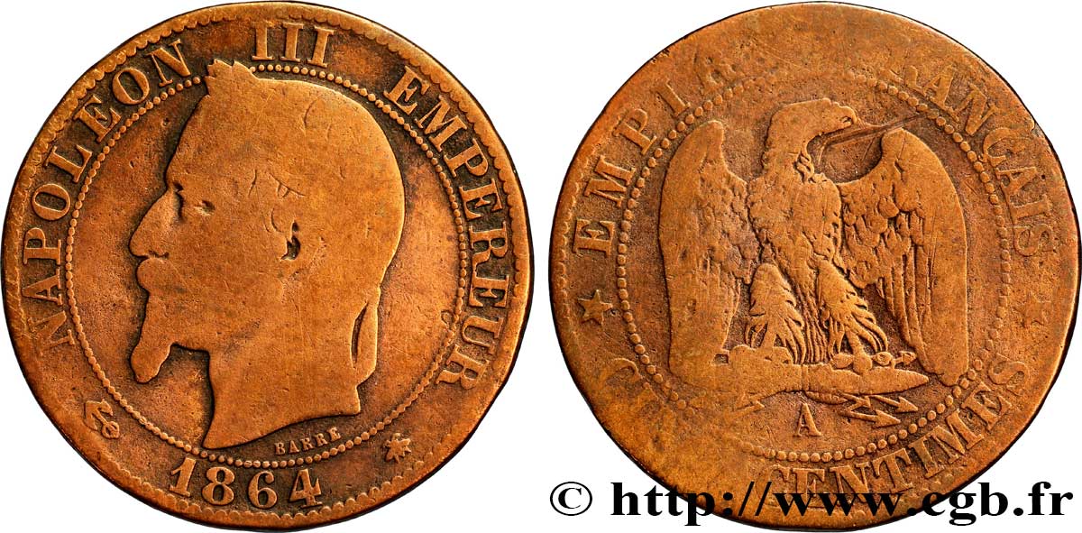 Cinq centimes Napoléon III, tête laurée 1864 Paris F.117/13 VG8 