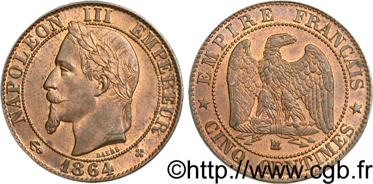 Cinq centimes Napoléon III, tête laurée 1864 Strasbourg F.117/14 fST63 