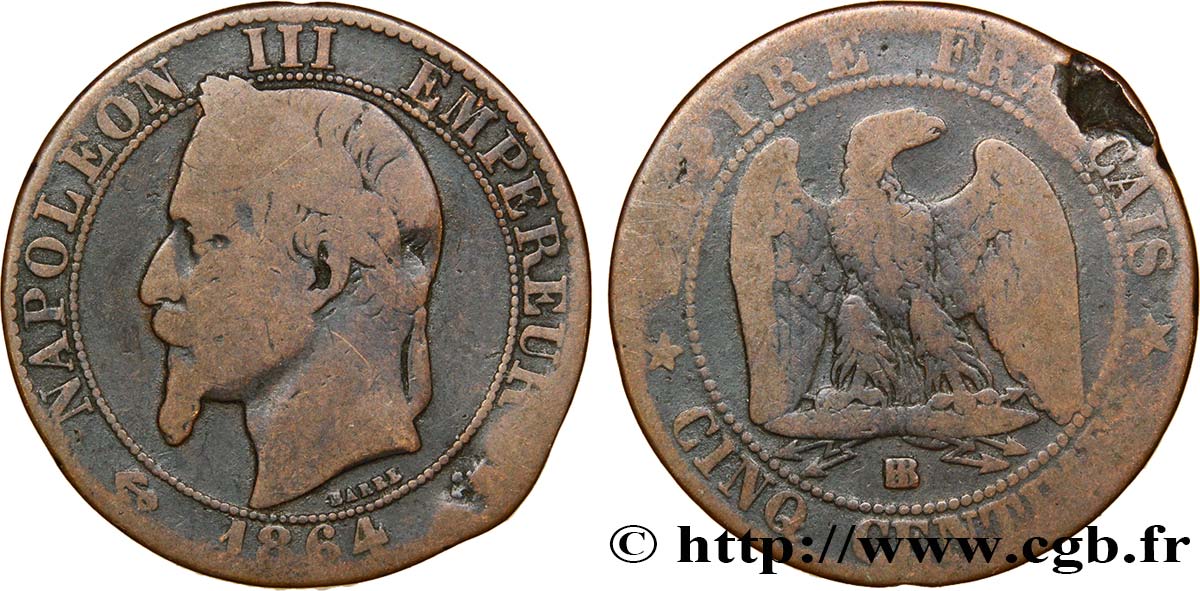 Cinq centimes Napoléon III, tête laurée 1864 Strasbourg F.117/14 RC12 
