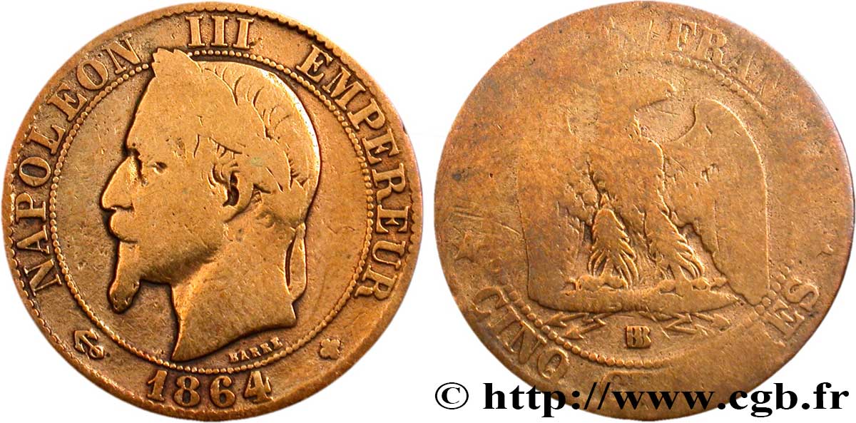 Cinq centimes Napoléon III, tête laurée 1864 Strasbourg F.117/14 SGE8 