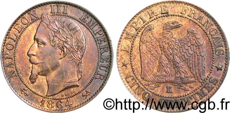 Cinq centimes Napoléon III, tête laurée 1864 Bordeaux F.117/15 VZ55 
