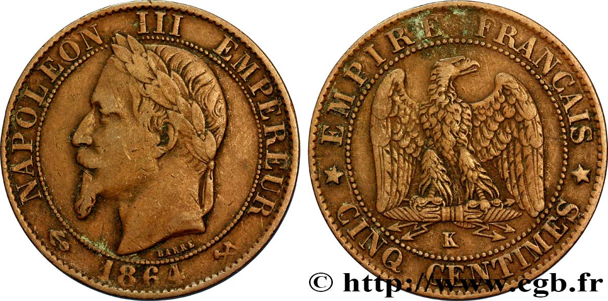 Cinq centimes Napoléon III, tête laurée 1864 Bordeaux F.117/15 TB35 