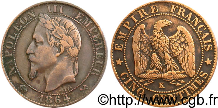 Cinq centimes Napoléon III, tête laurée 1864 Bordeaux F.117/15 TB20 