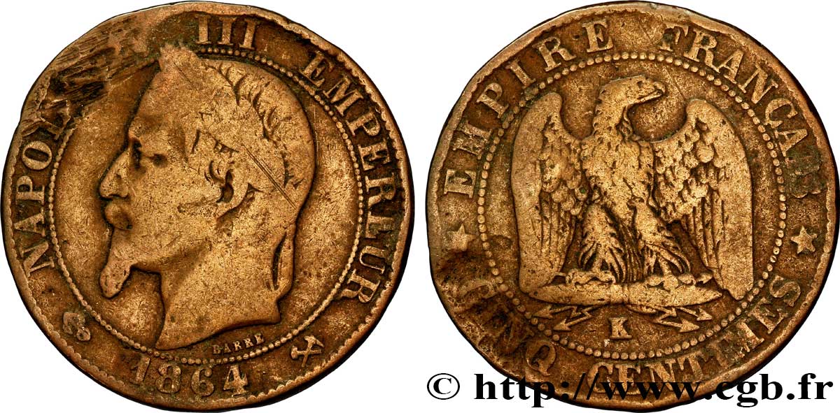 Cinq centimes Napoléon III, tête laurée 1864 Bordeaux F.117/15 B12 