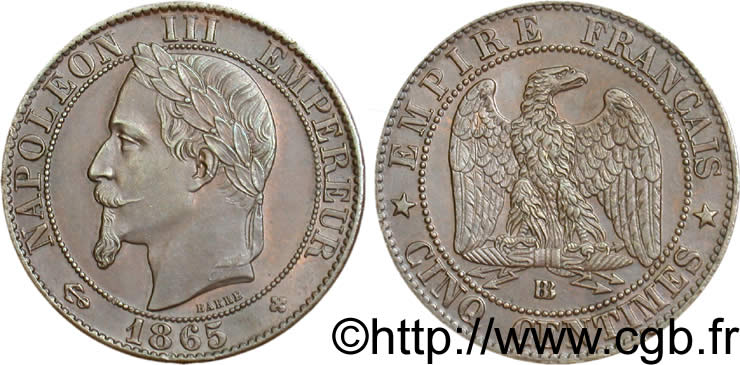 Cinq centimes Napoléon III, tête laurée 1865 Strasbourg F.117/17 SUP60 