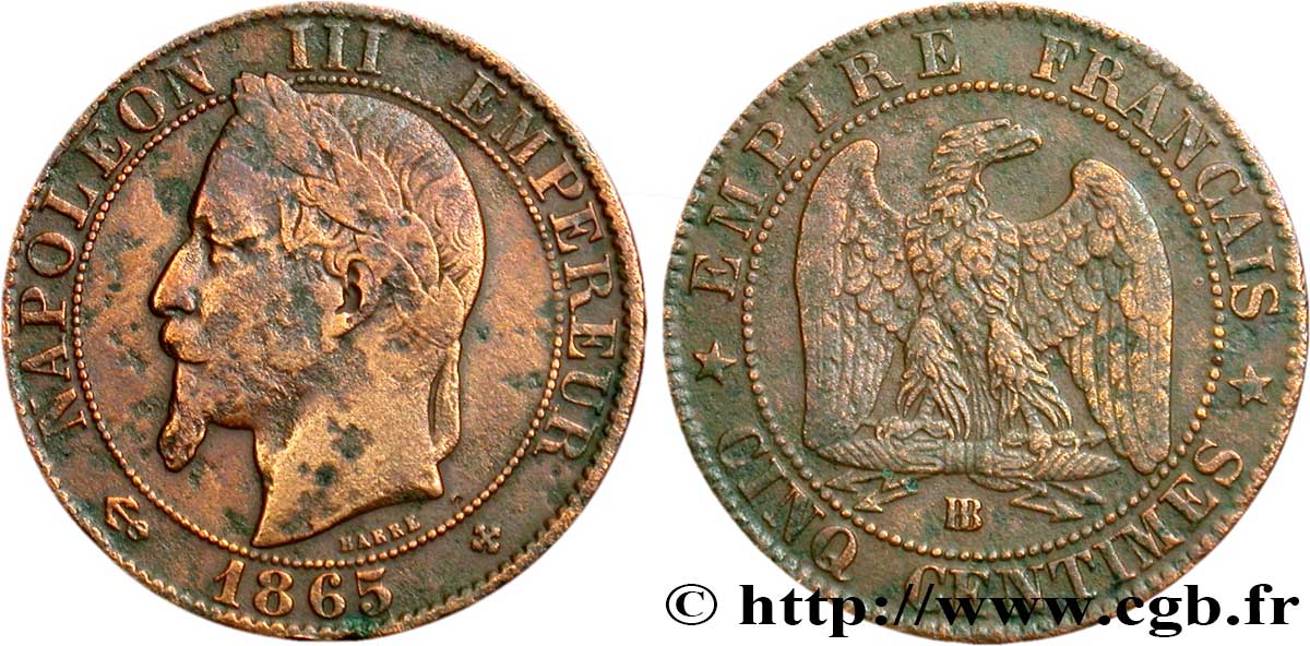 Cinq centimes Napoléon III, tête laurée 1865 Strasbourg F.117/17 B12 