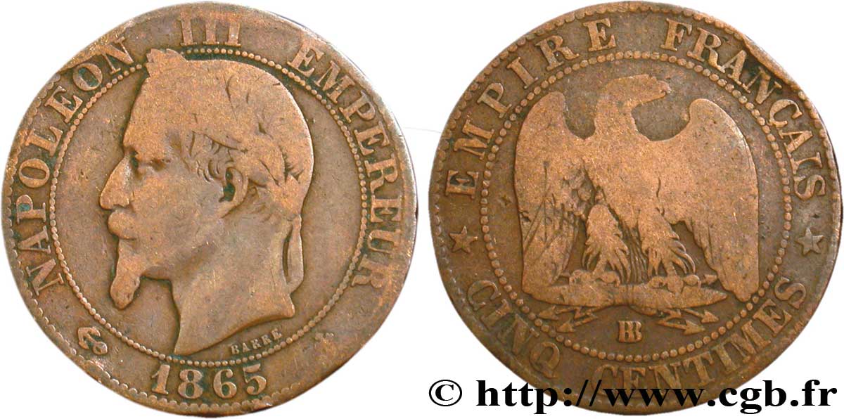 Cinq centimes Napoléon III, tête laurée 1865 Strasbourg F.117/17 B8 