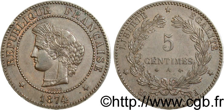 5 centimes Cérès 1874 Paris F.118/9 VZ58 