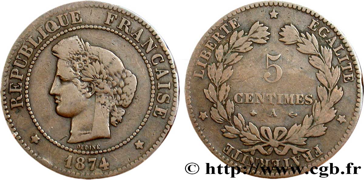 5 centimes Cérès 1874 Paris F.118/9 TB20 