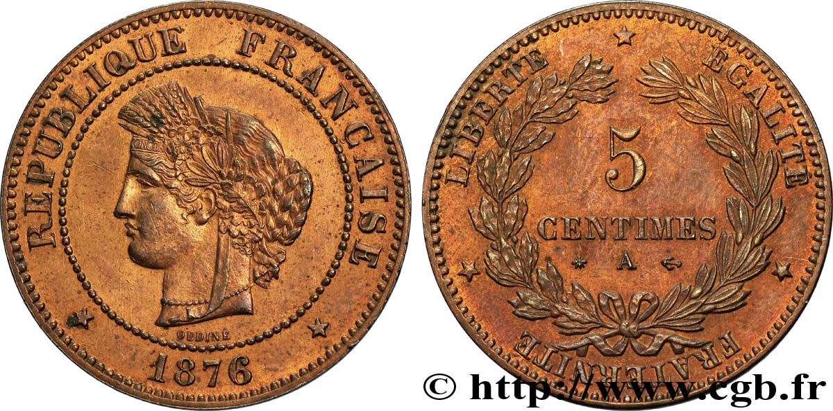 5 centimes Cérès 1876 Paris F.118/13 SUP55 