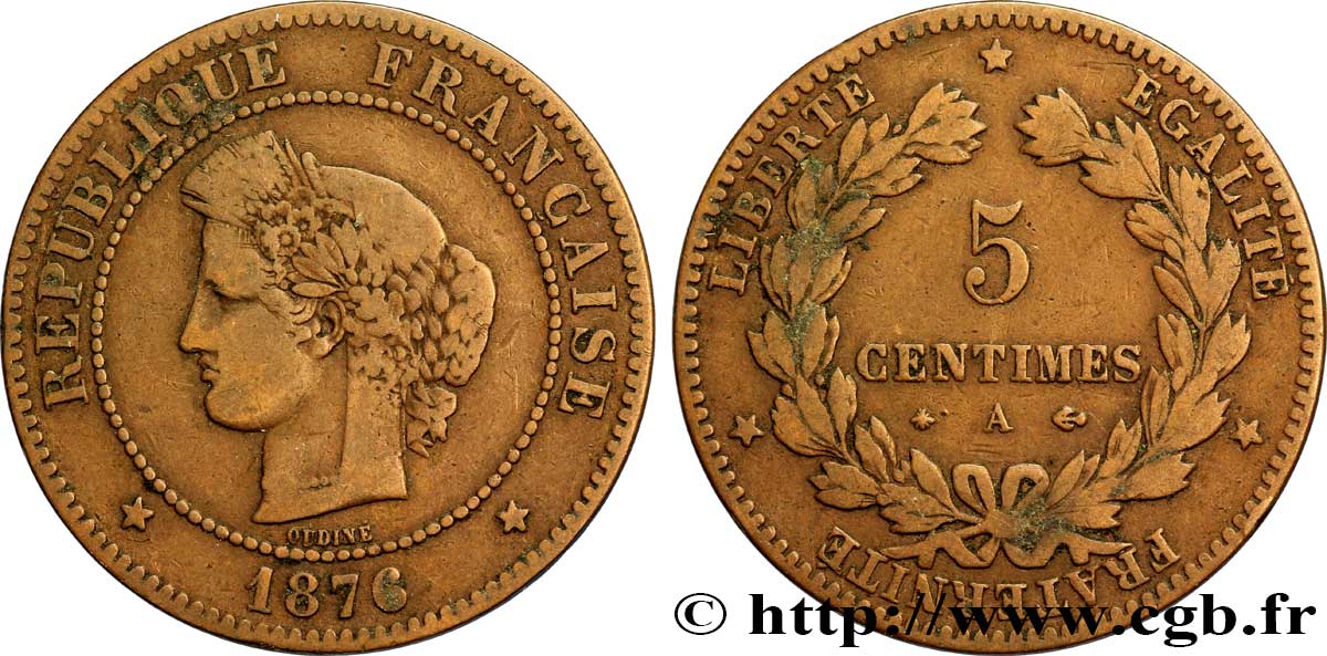 5 centimes Cérès 1876 Paris F.118/13 VF20 