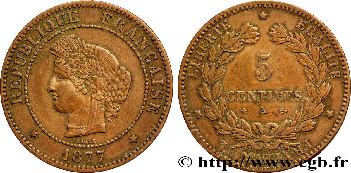 5 centimes Cérès 1877 Paris F.118/15 XF48 