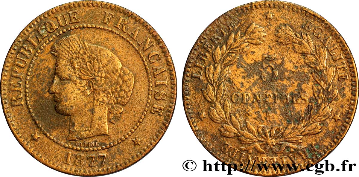 5 centimes Cérès 1877 Paris F.118/15 TB20 