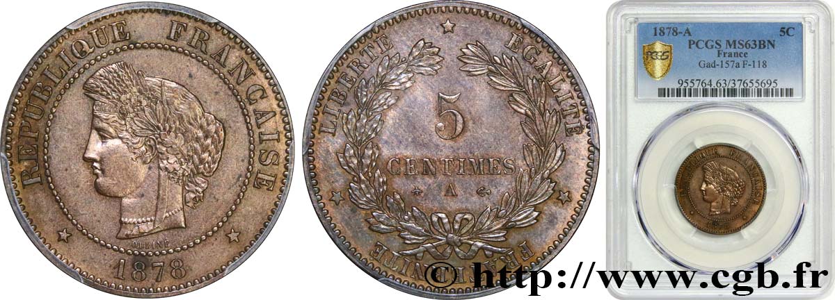 5 centimes Cérès 1878 Paris F.118/17 SPL63 PCGS