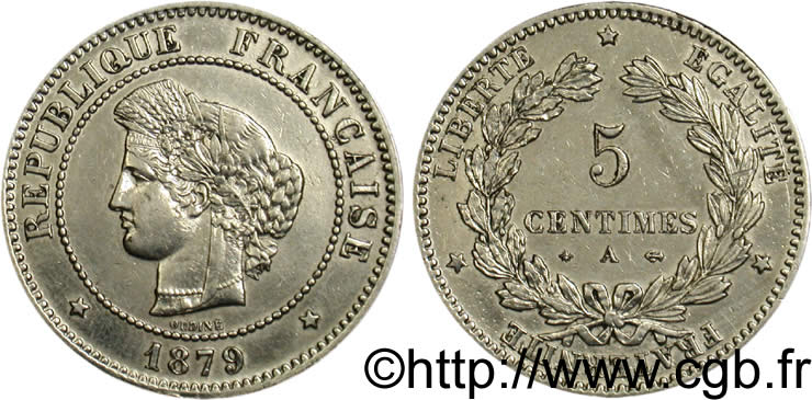 5 centimes Cérès, plaqué argent 1879 Paris F.118/20 SUP55 