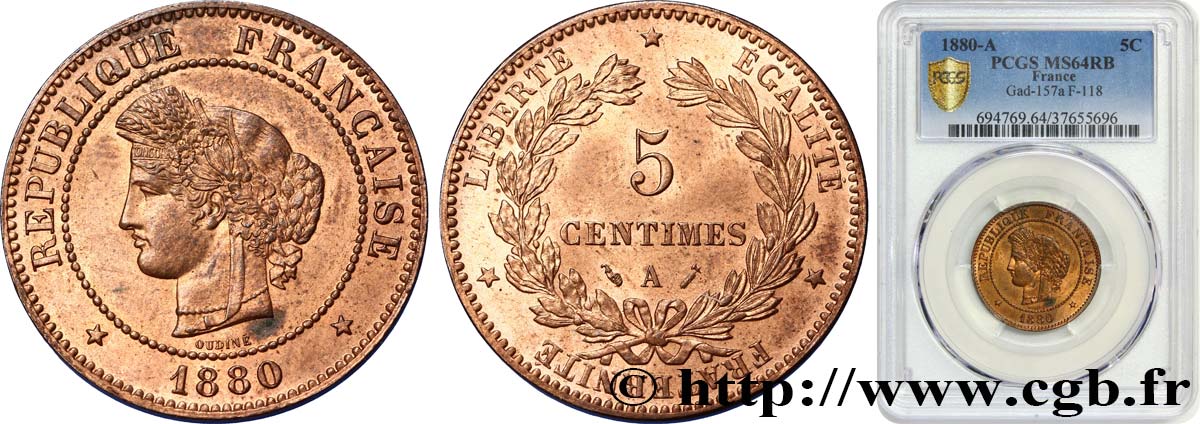 5 centimes Cérès 1880 Paris F.118/21 SPL64 PCGS
