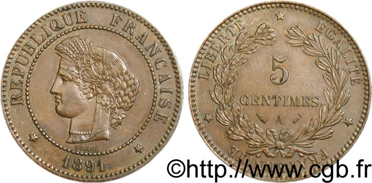 5 centimes Cérès 1891 Paris F.118/33 SPL55 