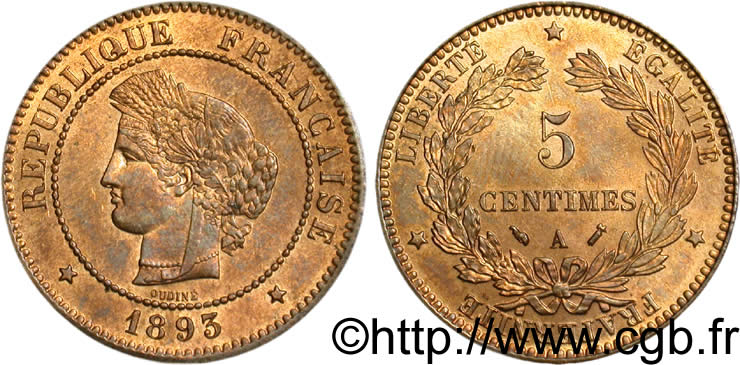 5 centimes Cérès 1893 Paris F.118/35 SPL63 