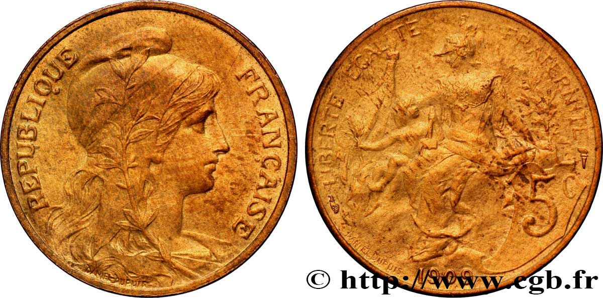 5 centimes Daniel-Dupuis 1909  F.119/20 AU55 
