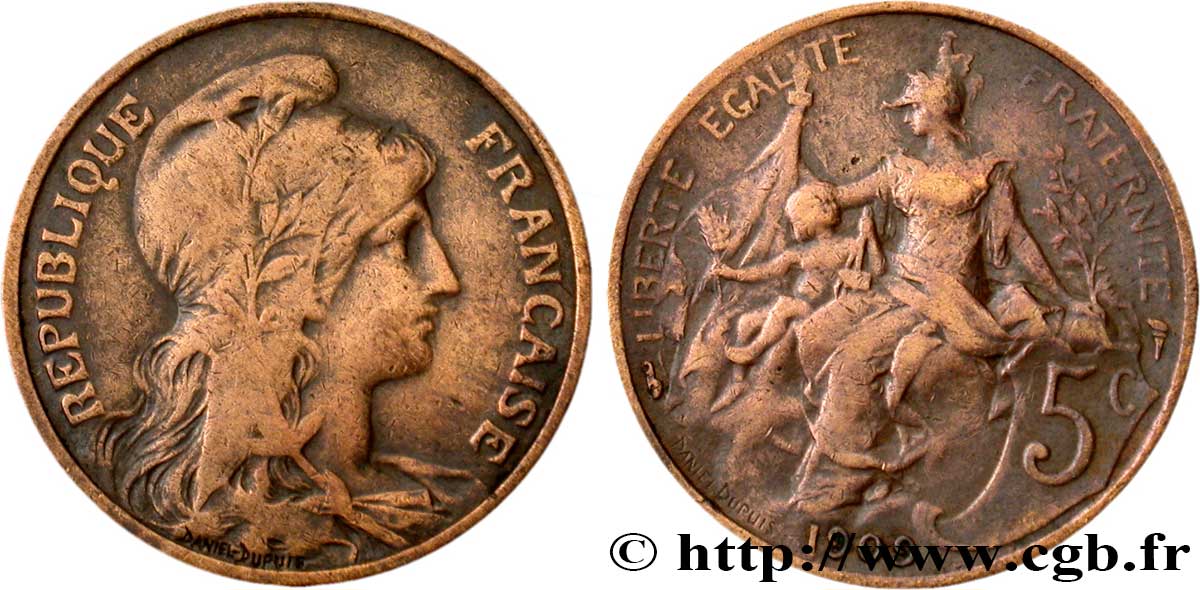 5 centimes Daniel-Dupuis 1909  F.119/20 TB20 
