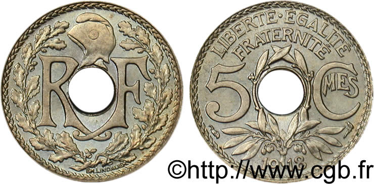 5 centimes Lindauer, grand module 1918 Paris F.121/2 MS63 