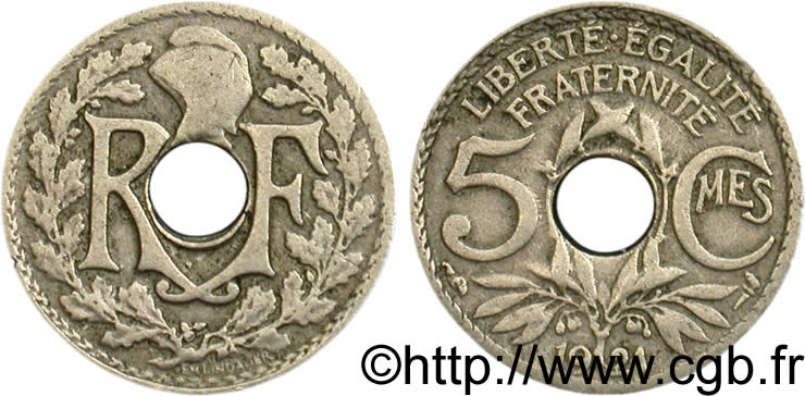 5 centimes Lindauer, petit module 1921 Paris F.122/3 VF20 