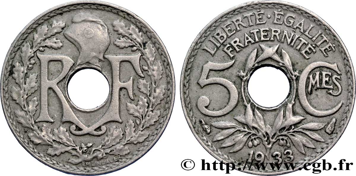 5 centimes Lindauer, petit module 1933 Paris F.122/16 XF48 