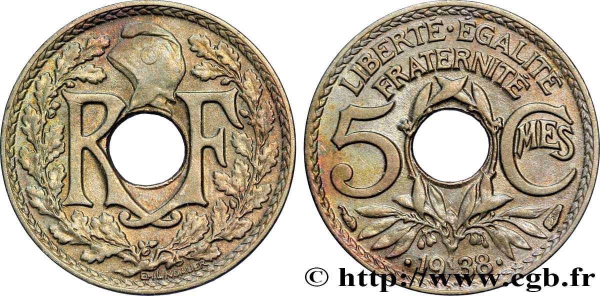 5 centimes Lindauer, maillechort 1938 Paris F.123A/2 SUP55 