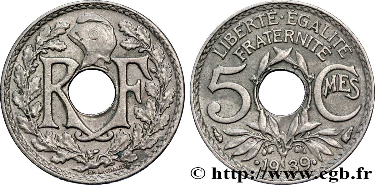 5 centimes Lindauer, maillechort 1939 Paris F.123A/3 TTB48 