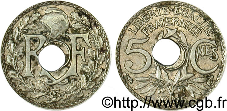 5 centimes Lindauer, petit module, trou décentré 1935 Paris F.122/18 var. AU50 