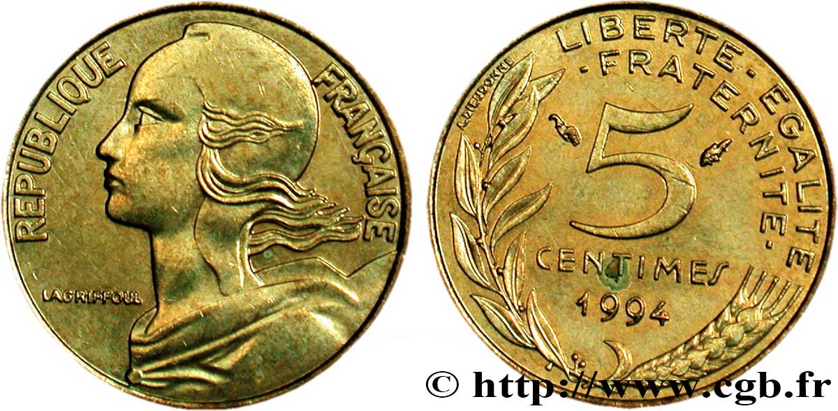 5 centimes Marianne, différent dauphin 1994 Pessac F.125/35 AU58 