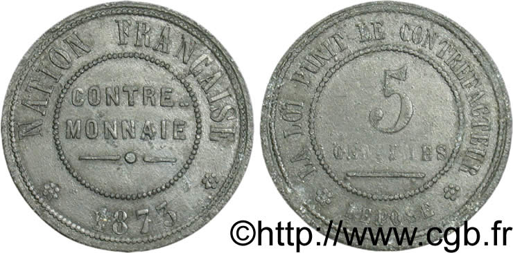 5 centimes 1873  VG.3847  XF40 