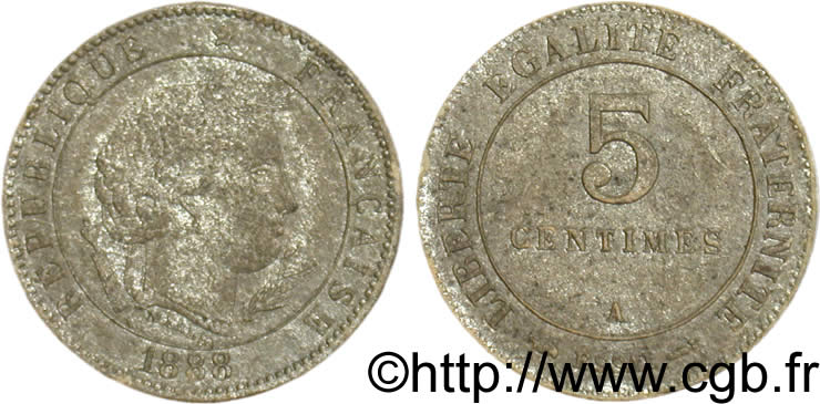 5 centimes, essai en carton 1888  VG.4087  TB25 