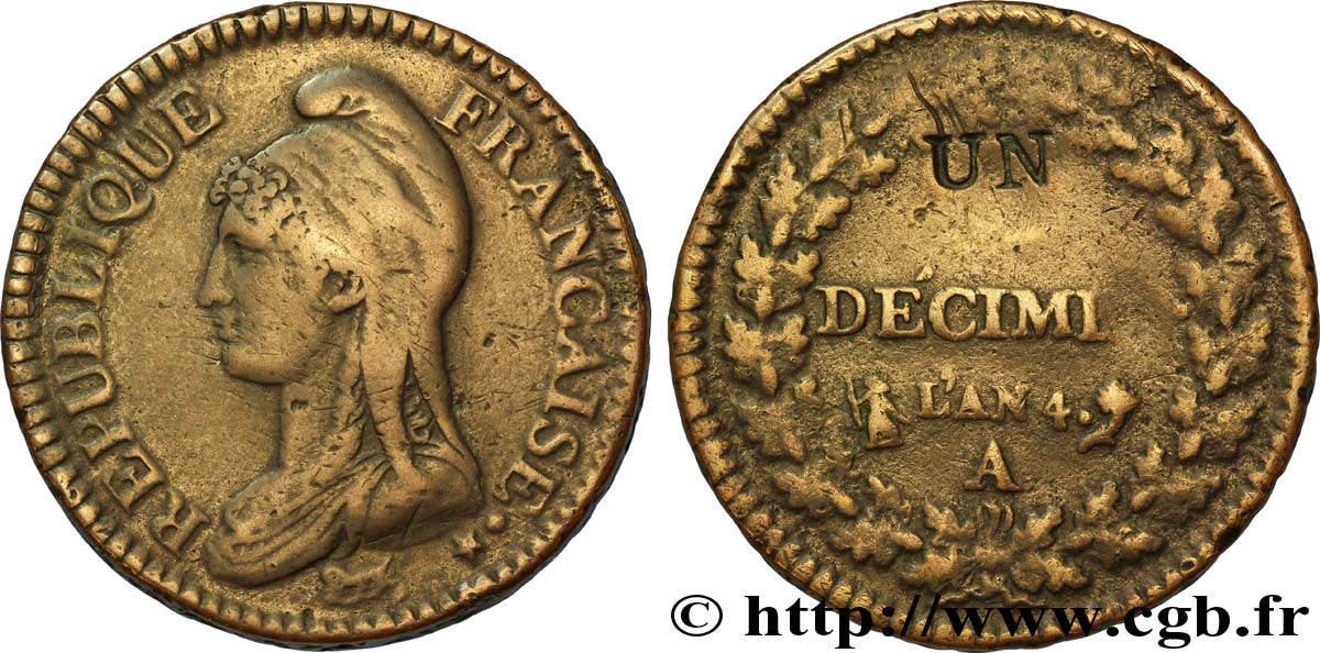 Un décime Dupré, modification du 2 décimes 1796 Paris F.127/1 TTB40 