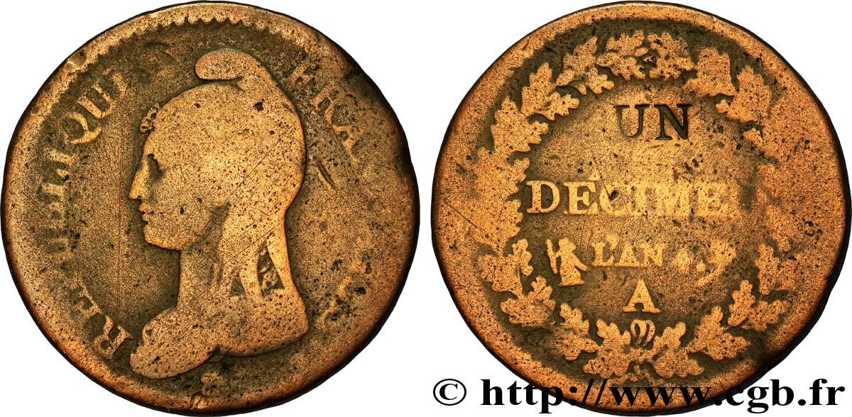 Un décime Dupré, modification du 2 décimes 1796 Paris F.127/1 B12 