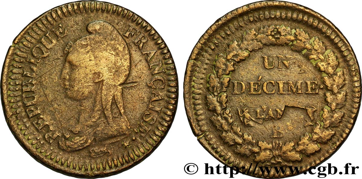 Un décime Dupré, grand module, &nbsp;refrappage&nbsp; du 2 décimes 1797 Rouen F.128/5 TB25 