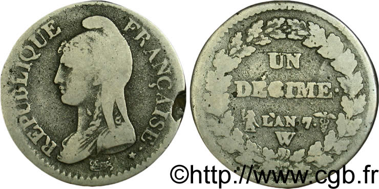 Un décime Dupré, grand module, métal de cloche 1799 Lille F.129/24 B12 