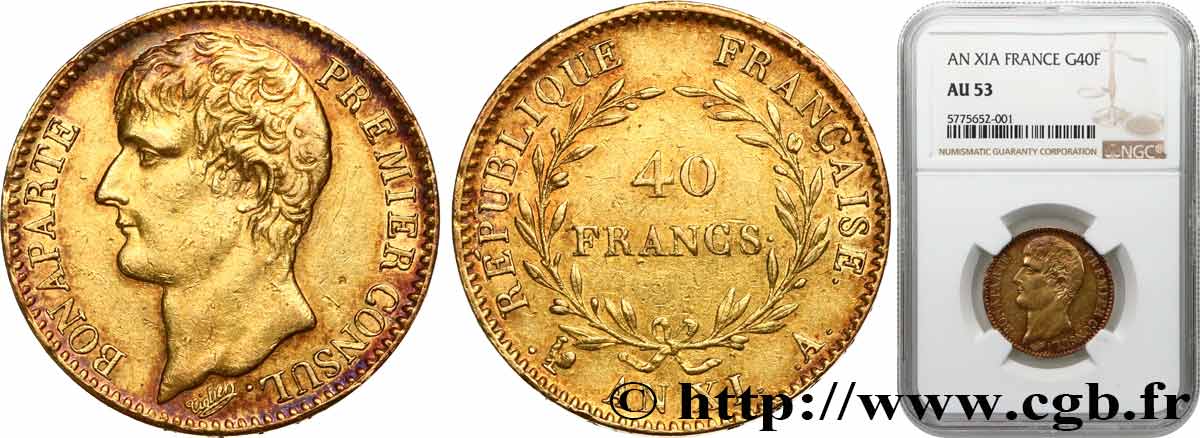 40 francs or Bonaparte Premier consul 1803 Paris F.536/1 AU53 NGC