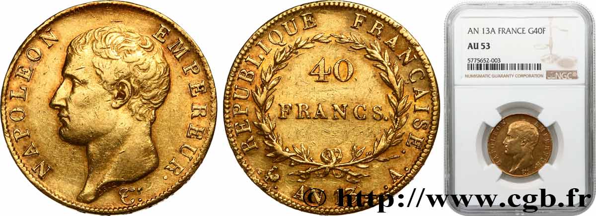 40 francs or Napoléon tête nue, Calendrier révolutionnaire 1805 Paris F.537/1 MBC53 NGC