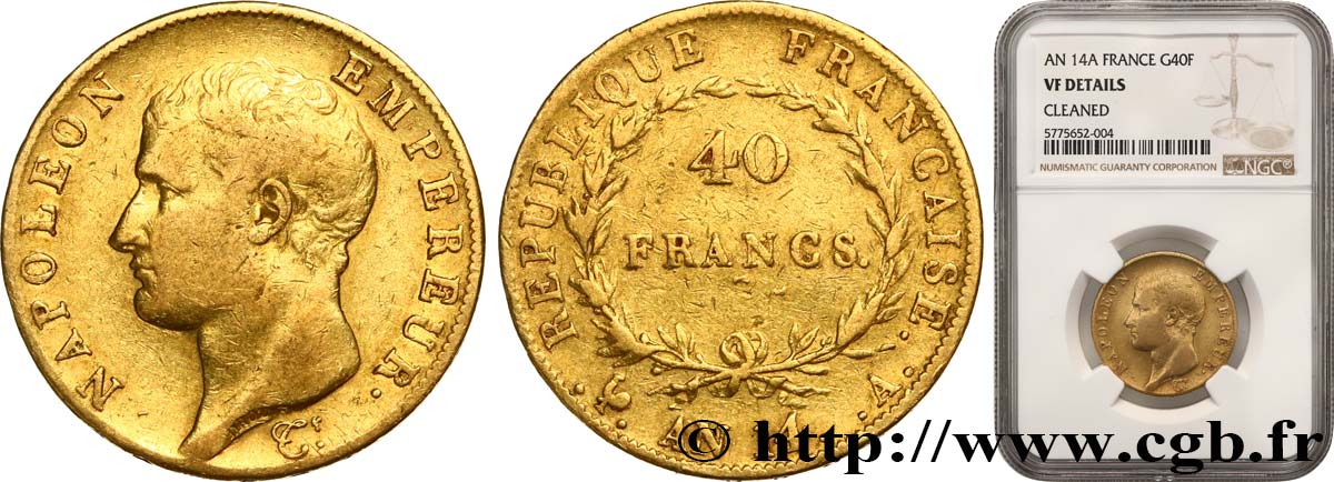 40 francs or Napoléon tête nue, Calendrier révolutionnaire 1805 Paris F.537/2 S NGC