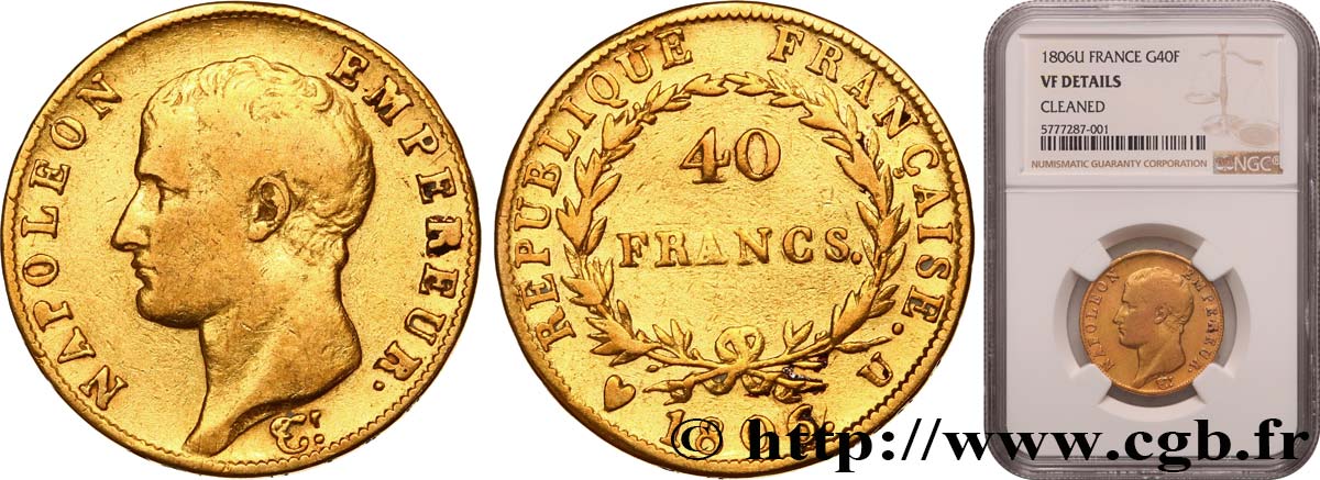 40 francs or Napoléon tête nue, calendrier grégorien 1806 Turin F.538/4 TB NGC