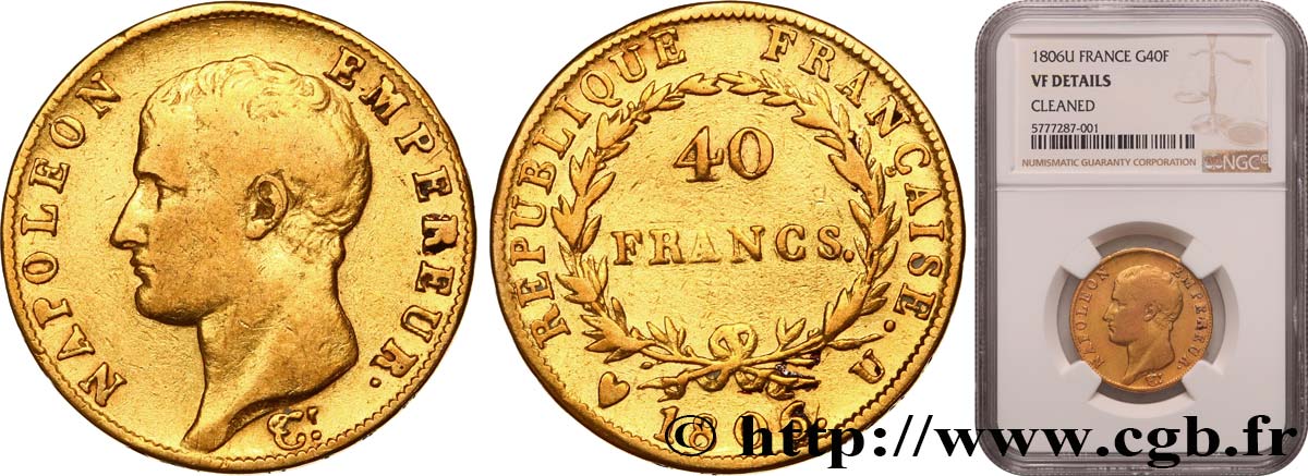 40 francs or Napoléon tête nue, calendrier grégorien 1806 Turin F.538/4 VF NGC