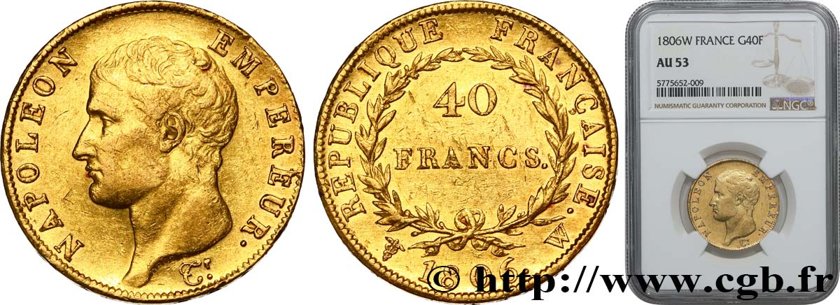 40 francs or Napoléon tête nue, calendrier grégorien 1806 Lille F.538/5 TTB53 NGC