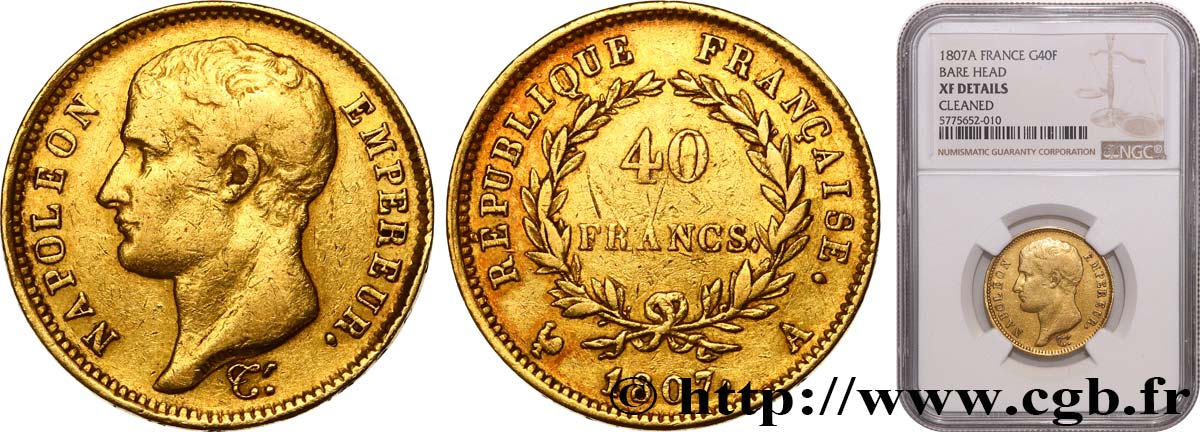 40 francs or Napoléon tête nue, type transitoire 1807 Paris F.539/1 BB NGC