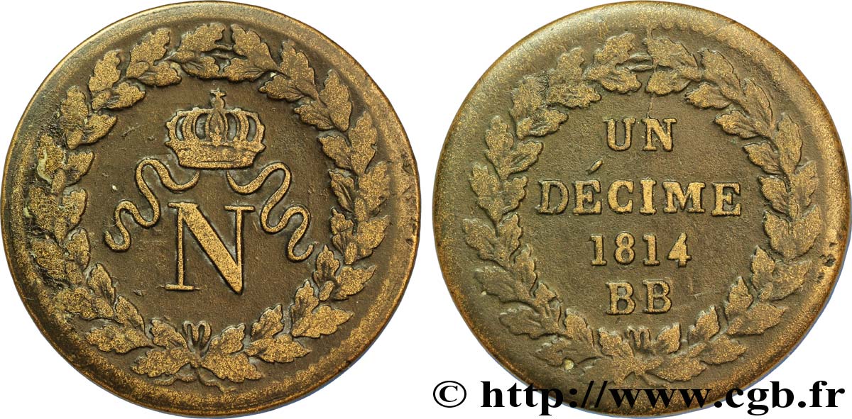 Un décime à l’N couronnée 1814 Strasbourg F.131/1 TB35 